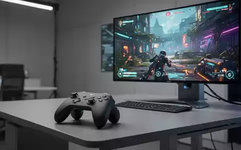 Moderner Gaming-Controller auf einem Schreibtisch neben einem Monitor mit Videospiel, symbolisiert Cloud-Gaming-Zugänglichkeit. - Foto: über boerse-global.de