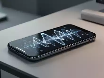 Smartphone mit digitaler Schallwellen-Oberfläche auf modernem Schreibtisch, KI-Sprachtechnologie. - Foto: über boerse-global.de