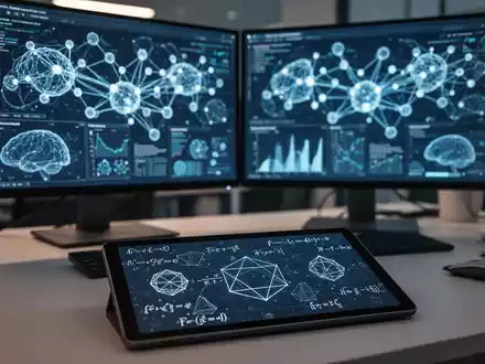Moderner Arbeitsplatz mit Datenvisualisierungen und mathematischen Formeln auf Bildschirmen zur KI-gestützten Analyse. - Foto: über boerse-global.de