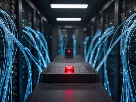Leuchtend roter Not-Aus-Schalter in einem modernen Serverraum eines Rechenzentrums. - Foto: über boerse-global.de