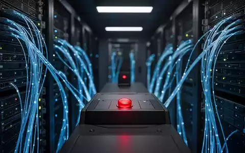 Leuchtend roter Not-Aus-Schalter in einem modernen Serverraum eines Rechenzentrums. - Foto: über boerse-global.de