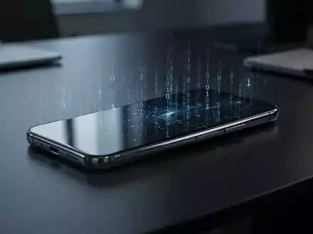 Modernes Smartphone auf dunklem Schreibtisch mit digitalen Sicherheitsüberlagerungen, die mobile Überwachung und Cyberbedrohungen darstellen. - Foto: über boerse-global.de