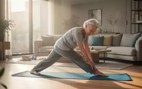 Eine ältere Person führt in einem sonnendurchfluteten Raum sanfte Dehnübungen auf einer Yogamatte aus. - Foto: über boerse-global.de