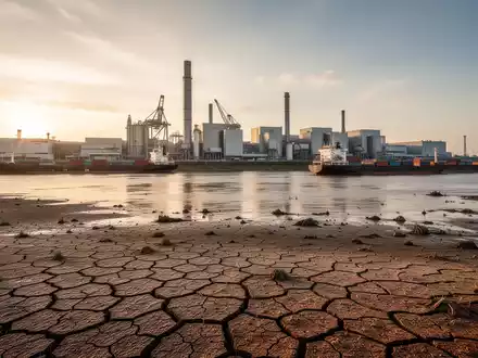 Ein ausgetrocknetes Flussbett mit feststeckenden Frachtschiffen und Rissen im Boden als Symbol für Klimafolgeschäden. - Foto: über boerse-global.de