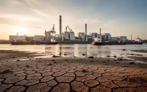 Ein ausgetrocknetes Flussbett mit feststeckenden Frachtschiffen und Rissen im Boden als Symbol für Klimafolgeschäden. - Foto: über boerse-global.de