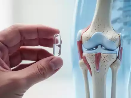 Eine Hand hält eine Nahrungsergänzungskapsel neben einem anatomischen Modell eines Kniegelenks. - Foto: über boerse-global.de