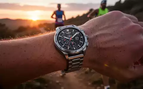 Nahaufnahme einer hochwertigen Titan-Smartwatch am Handgelenk beim Outdoor-Training. - Foto: über boerse-global.de