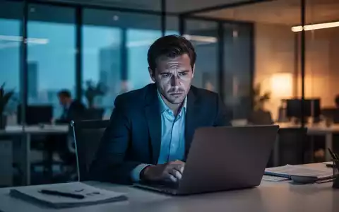 Ein erschöpfter Mitarbeiter sitzt vor einem Laptop in einem modernen, professionellen Büroambiente. - Foto: über boerse-global.de