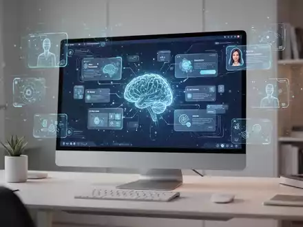 Moderner Computerarbeitsplatz mit digitaler Desktop-Oberfläche, KI-integrierten Widgets und virtueller Assistenten-Software. - Foto: über boerse-global.de