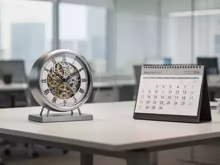 Ein moderner Schreibtisch mit einer Uhr und einem Kalender als Symbol für die Debatte um Arbeitszeitregelungen. - Foto: über boerse-global.de