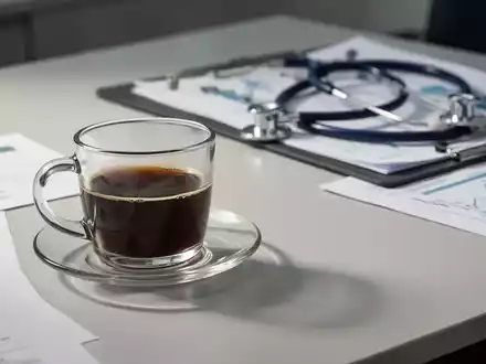 Eine Tasse Kaffee auf einem Schreibtisch neben einem Stethoskop und medizinischen Unterlagen. - Foto: über boerse-global.de
