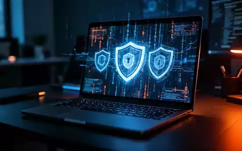 Ein beleuchteter Laptop in einem dunklen Büro mit abstraktem Binärcode und Sicherheitssymbolen auf dem Bildschirm. - Foto: über boerse-global.de