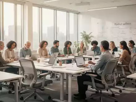 Eine Gruppe Erwachsener in einem modernen Seminarraum, das Lernen und Gesundheitsförderung visuell verbindet. - Foto: über boerse-global.de