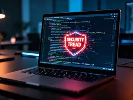 Arbeitsplatz für Cybersicherheit mit Laptop-Bildschirm, komplexem Code und digitalen Bedrohungswarnungen in einem dunklen Büro. - Foto: über boerse-global.de