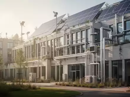 Modernes öffentliches Gebäude mit grüner Energieinfrastruktur als Symbol für das Energieeffizienzgesetz. - Foto: über boerse-global.de