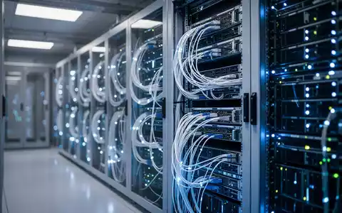 Moderner High-Tech-Serverraum mit leuchtenden Glasfaser-Racks, die fortschrittliche KI- und Cloud-Computing-Infrastruktur darstellen. - Foto: über boerse-global.de