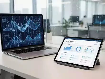 Moderner Büroarbeitsplatz mit Laptop und Datenvisualisierungen zur Veranschaulichung von Datenschutz und KI-Governance. - Foto: über boerse-global.de