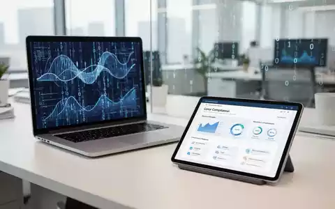 Moderner Büroarbeitsplatz mit Laptop und Datenvisualisierungen zur Veranschaulichung von Datenschutz und KI-Governance. - Foto: über boerse-global.de