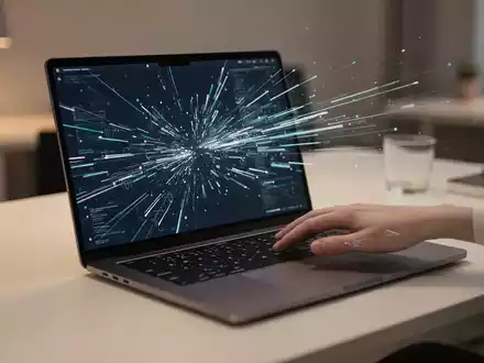Moderner Arbeitsplatz mit Laptop-Bildschirm und abstrakter Datenverarbeitung, symbolisiert KI-gesteuerte Zwischenablage-Automatisierung. - Foto: über boerse-global.de
