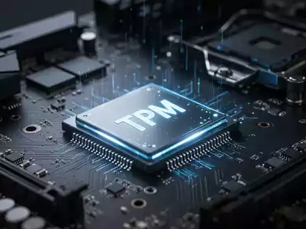 Nahaufnahme eines Computer-Motherboards mit einem sicheren TPM-Chip, der Hardwaresicherheit und Verschlüsselung repräsentiert. - Foto: über boerse-global.de