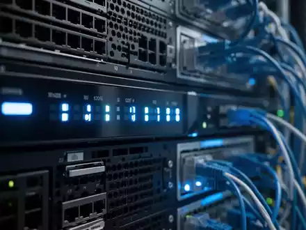 Modernes Server-Rack mit blauen Statusleuchten und unscharfen Netzwerkkabeln. - Foto: über boerse-global.de