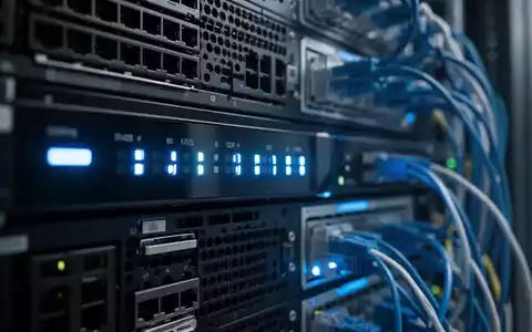 Modernes Server-Rack mit blauen Statusleuchten und unscharfen Netzwerkkabeln. - Foto: ĂŒber boerse-global.de