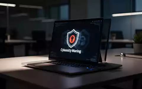 Ein Laptop-Bildschirm zeigt ein digitales Sicherheitswarnsymbol in einem dunklen, professionellen Büro. - Foto: über boerse-global.de