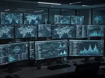 Modernes Cybersicherheitsoperationszentrum mit leuchtenden Datenbildschirmen und Netzwerkanalysen in einem gedimmten High-Tech-Büro. - Foto: über boerse-global.de