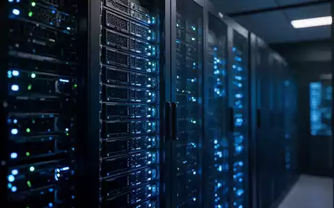 Moderne Server-Racks mit blauen Anzeigeleuchten für Cloud-Infrastruktur - Foto: über boerse-global.de