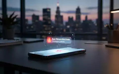 Ein beleuchtetes Smartphone auf einem Schreibtisch zeigt eine verdächtige digitale Benachrichtigung in einer Büroumgebung. - Foto: über boerse-global.de