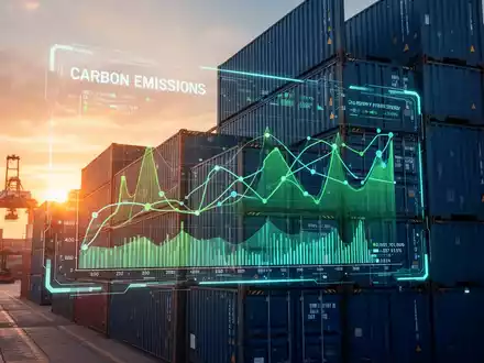 Digitalisierte Datenströme und Containerschiffe in einem modernen Hafen symbolisieren die Auswirkungen des CO2-Grenzausgleichssystems auf den globalen Handel. - Foto: über boerse-global.de