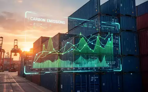 Digitalisierte Datenströme und Containerschiffe in einem modernen Hafen symbolisieren die Auswirkungen des CO2-Grenzausgleichssystems auf den globalen Handel. - Foto: über boerse-global.de