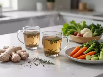Nahaufnahme von gesundem, schonendem Essen wie Ingwer und Kräutertee auf einem hellen Küchentisch. - Foto: über boerse-global.de