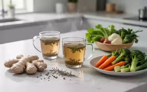 Nahaufnahme von gesundem, schonendem Essen wie Ingwer und Kräutertee auf einem hellen Küchentisch. - Foto: über boerse-global.de