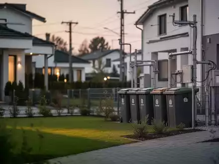 Moderne Wohnstraße in einer deutschen Stadt mit Mülltonnen und Versorgungsleitungen als Symbol für steigende Kommunalkosten. - Foto: über boerse-global.de