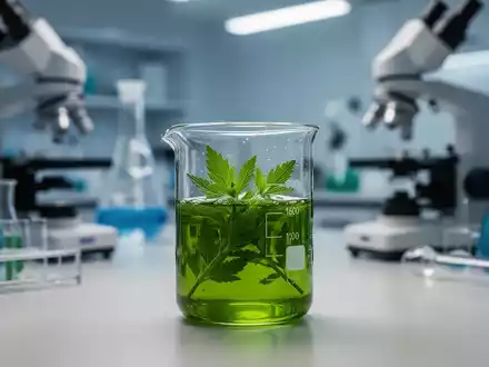Ein Glasbecher mit grünem Pflanzenextrakt in einem modernen medizinischen Labor. - Foto: über boerse-global.de