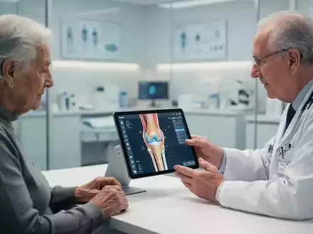 Ein Arzt erläutert einem Patienten an einem Tablet ein digitales Modell eines Kniegelenks in einer modernen Praxis. - Foto: über boerse-global.de