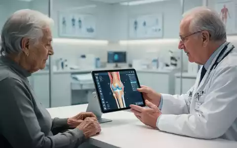 Ein Arzt erläutert einem Patienten an einem Tablet ein digitales Modell eines Kniegelenks in einer modernen Praxis. - Foto: über boerse-global.de