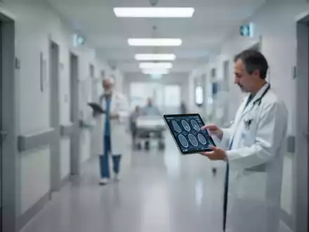 Ein moderner, steriler Krankenhausflur im Hintergrund, der die medizinische Versorgung und Diagnose im Alter symbolisiert. - Foto: über boerse-global.de