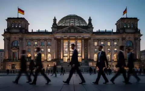 Das Berliner Reichstagsgebäude bei Dämmerung mit den Silhouetten von Politikern im Vordergrund. - Foto: über boerse-global.de