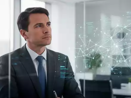 Eine Führungskraft in einem modernen Büro betrachtet nachdenklich eine digitale Schnittstelle für strategische Planung. - Foto: über boerse-global.de