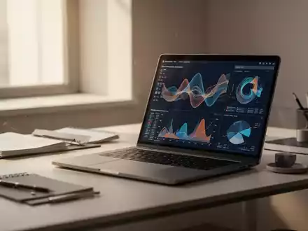 Moderner, aufgeräumter Arbeitsplatz mit einem Laptop, der Datenvisualisierungen zeigt, in heller, konzentrierter Atmosphäre. - Foto: über boerse-global.de