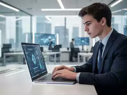 Eine junge Fachkraft arbeitet an einem Laptop in einem modernen, hellen Büro, das die Verbindung von Mensch und Technik symbolisiert. - Foto: über boerse-global.de