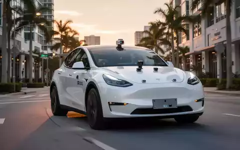 Ein weißes Tesla-Robotaxi fährt an einem sonnigen Tag auf einer modernen Stadtstraße. - Foto: über boerse-global.de