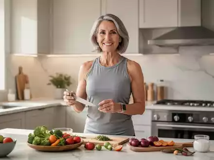 Eine Person mittleren Alters in einer modernen Küche, die sich auf gesunde Ernährung und körperliche Fitness konzentriert. - Foto: über boerse-global.de