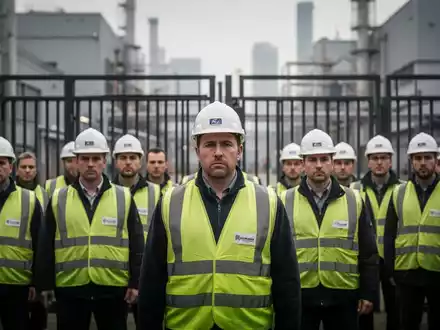 Arbeiter bei einem friedlichen Protest vor einem modernen Fabrikgelände. - Foto: über boerse-global.de