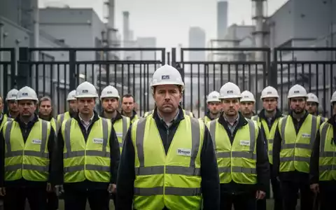 Arbeiter bei einem friedlichen Protest vor einem modernen Fabrikgelände. - Foto: über boerse-global.de