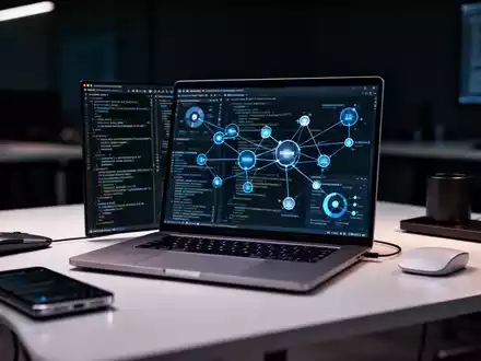 Moderner, minimalistischer Arbeitsplatz mit Laptop, Code und Datenknoten für lokale KI-Entwicklung. - Foto: über boerse-global.de