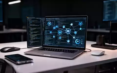 Moderner, minimalistischer Arbeitsplatz mit Laptop, Code und Datenknoten für lokale KI-Entwicklung. - Foto: über boerse-global.de