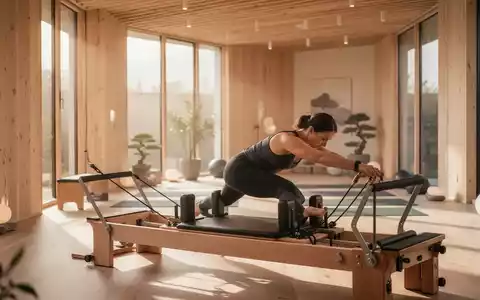 Eine Person trainiert an einem modernen Pilates-Reformer in einem hellen, architektonisch anspruchsvollen Wellness-Studio. - Foto: über boerse-global.de